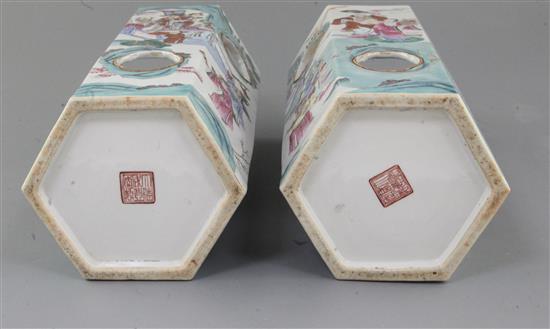 A pair of Chinese famille rose hexagonal hat stands, Xianfeng six character seal marks and of the period (1851-61), height 28.7cm, one
